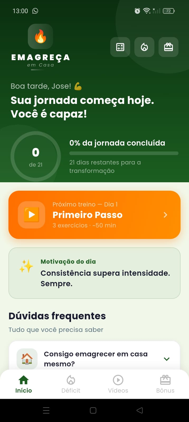App Emagreça em Casa — tela inicial